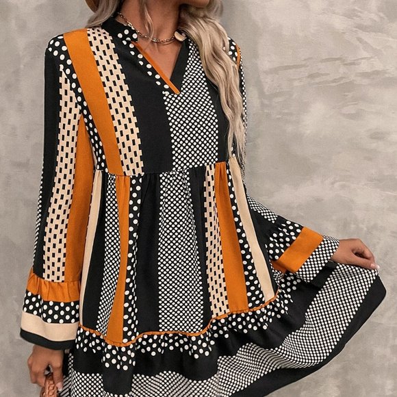 Orange Preppy Womens Striped & Polka Dot Flounce Sleeve Ruffle Hem Smock Dress - Picture 3 of 5